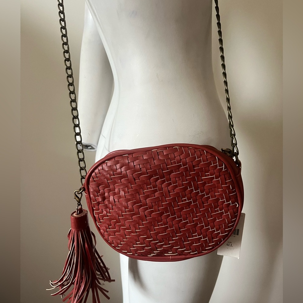 Anthropologie Woven Vegan Leather Chunky Chain TASSEL Crossbody Bag Red - Picture 4 of 12